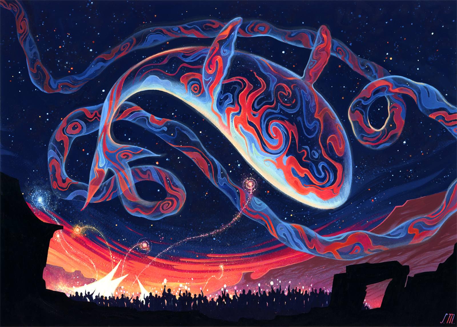 A blue and red whale dances across the sky in front of a crowd of cheering onlookers