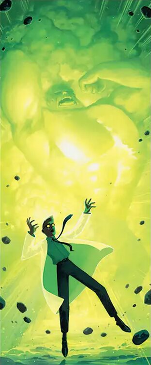 A scientist falls backward through the cloudy green energy behind them. Coming out of the clouds is the screaming form of The Incredible Hulk