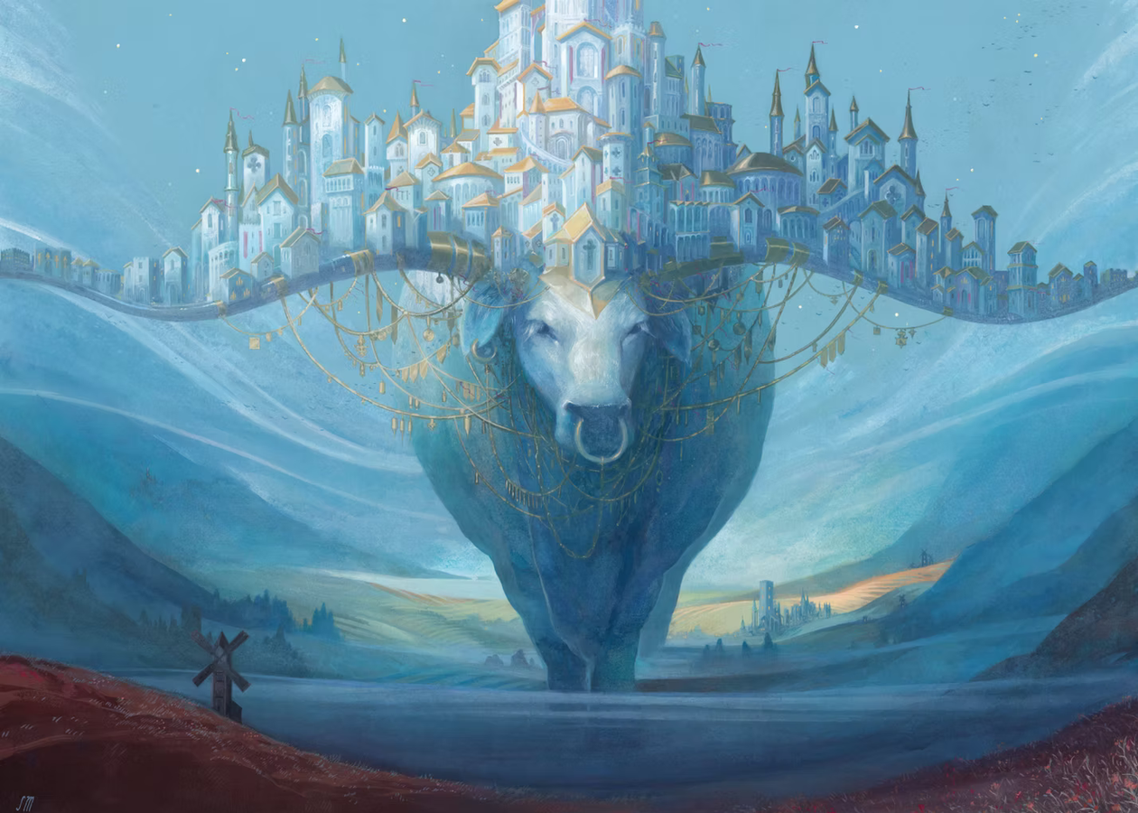 An ox walks through a bluish valley, with an entire city constructed across the top of their horns