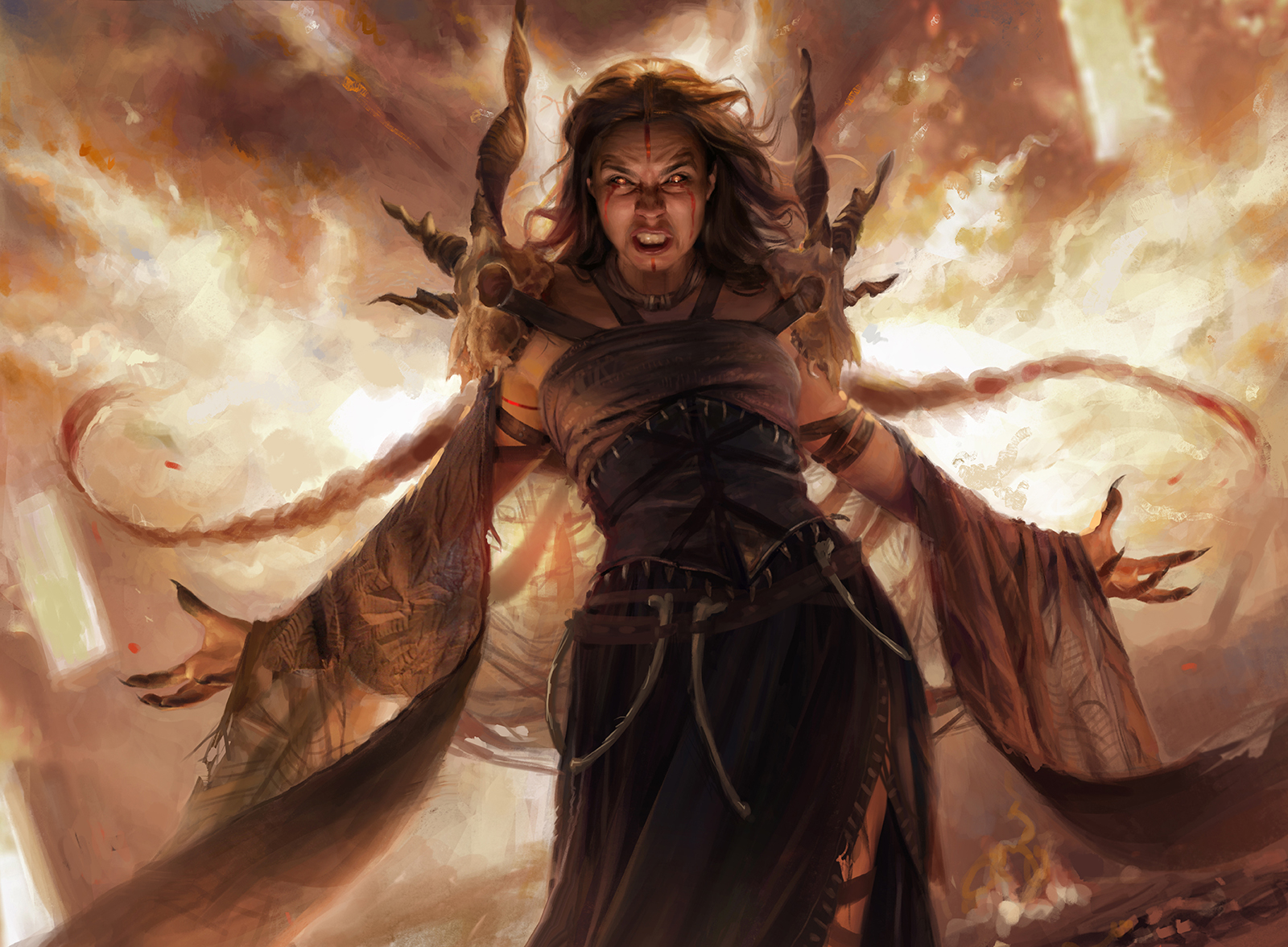 A shaman with dragon wings spreads arms wide with a menacing posture. Fire burns behind them.