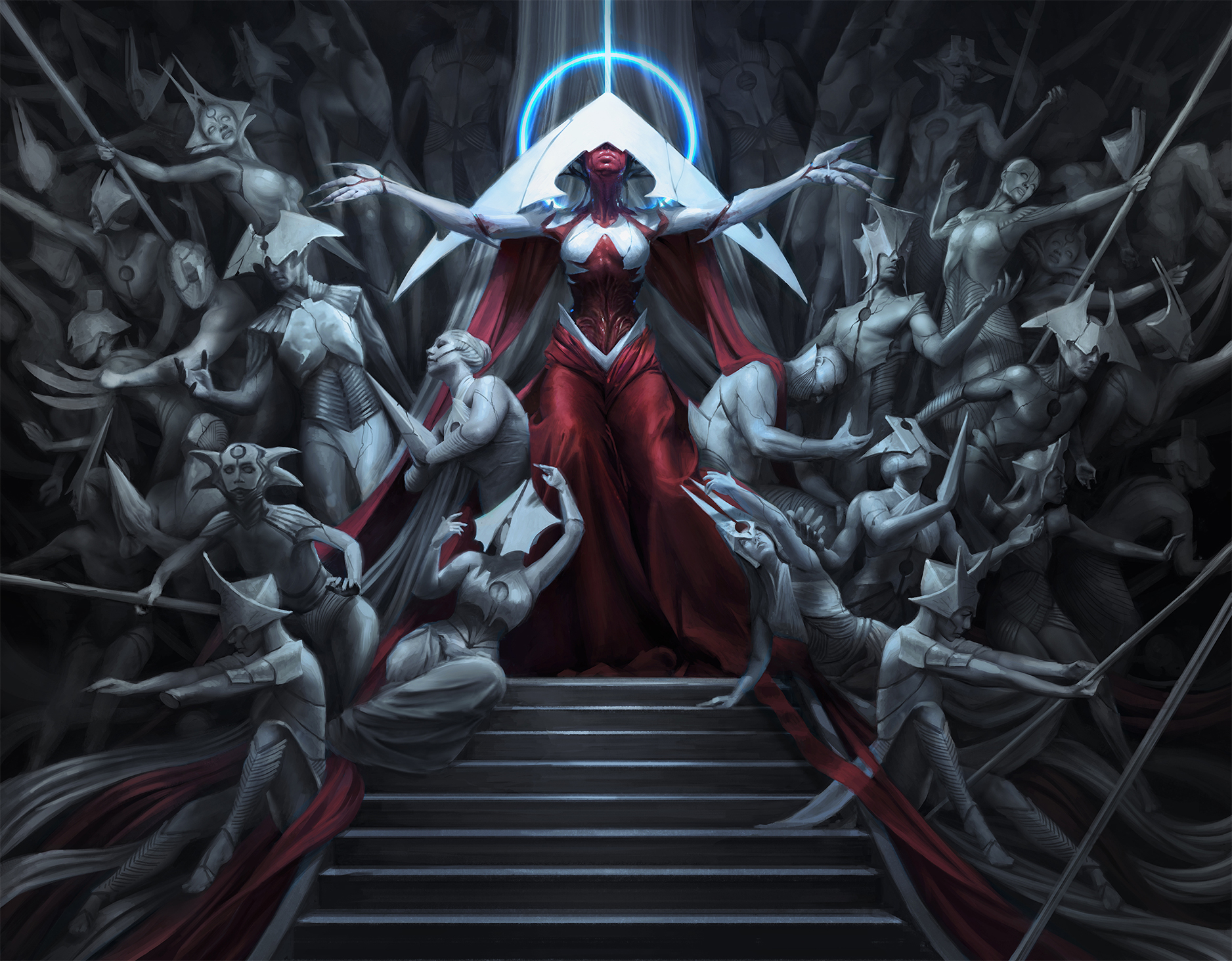 A spindly Phyrexian praetor, Elesh Norn, outstretches her arms while piles of faceless figures surround her.
