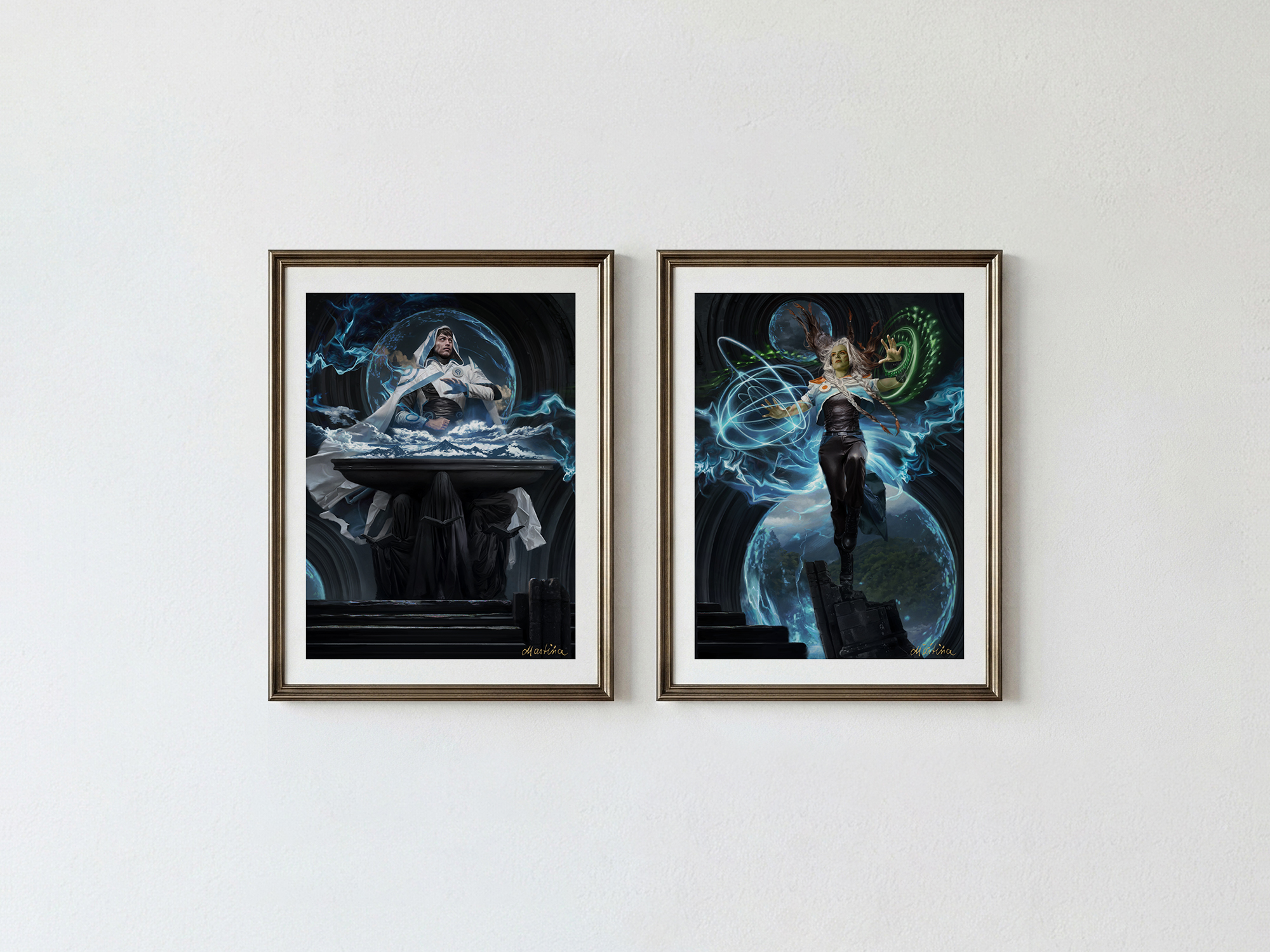 Two Magic card arts, Jace Building Reality and Tam Beleren Conflicted, mounted side by side on a white wall.