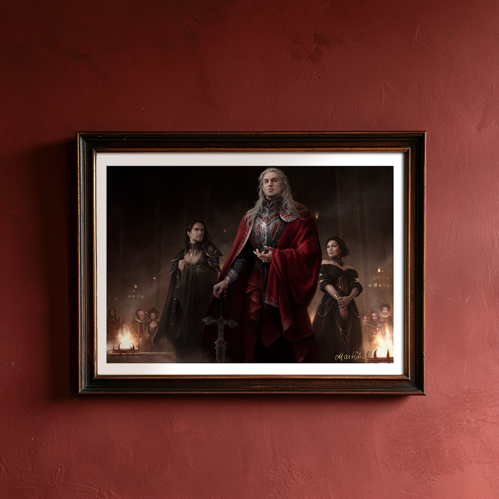 A print of the following art, mounted in a frame on the wall. A trio of vampires stand in a dimly-lit room. In front is a tall male vampire with long silver hair and red robes.