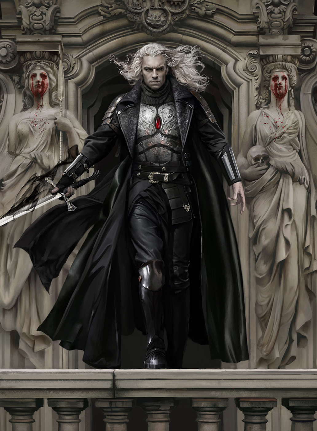A vampire with grey skin, white hair, and dark armor walks with a sword through a doorway in an ornate, religious building.