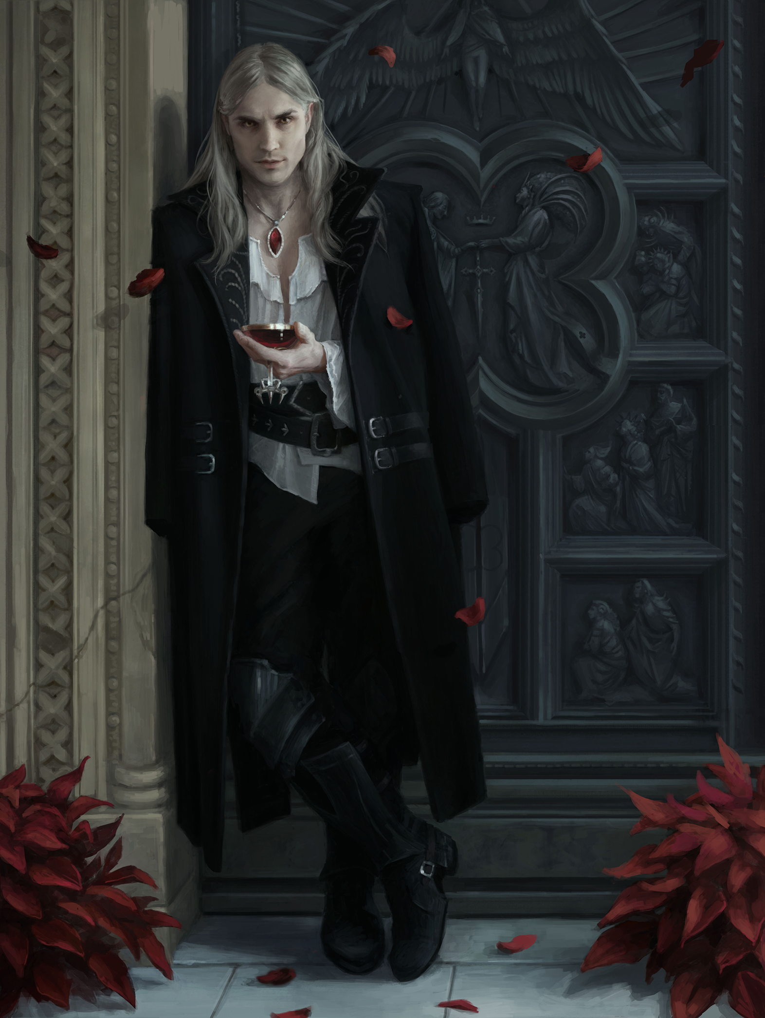 A vampire with long white hair and grey skin holds a glass of red wine in front of a door. He's leaning against the door frame