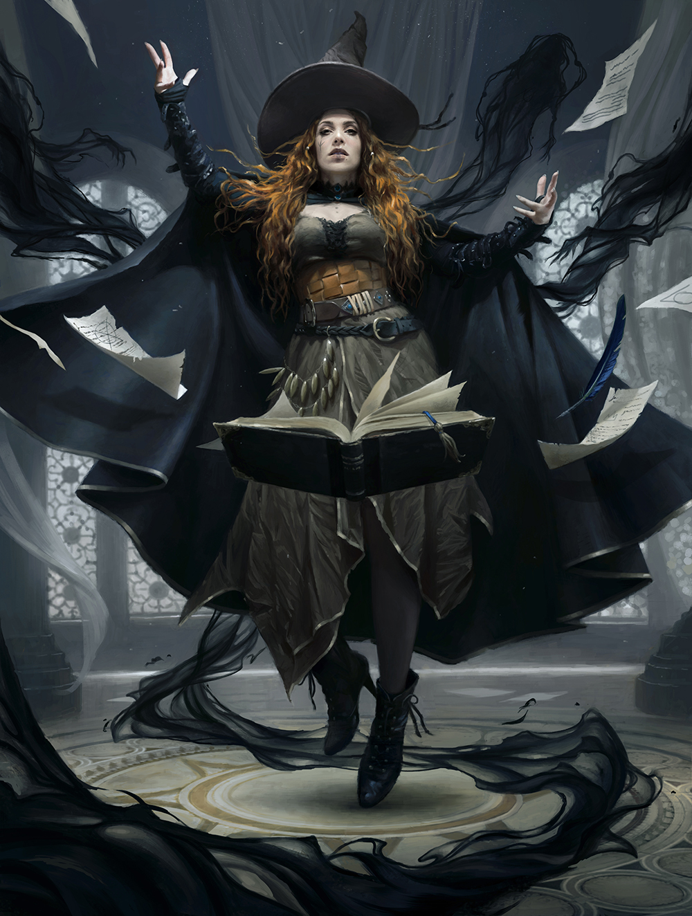 A witch stretches her arms out wide as books flutter around her pose. She has long, wavy, orang hair underneath a classic black witch hat
